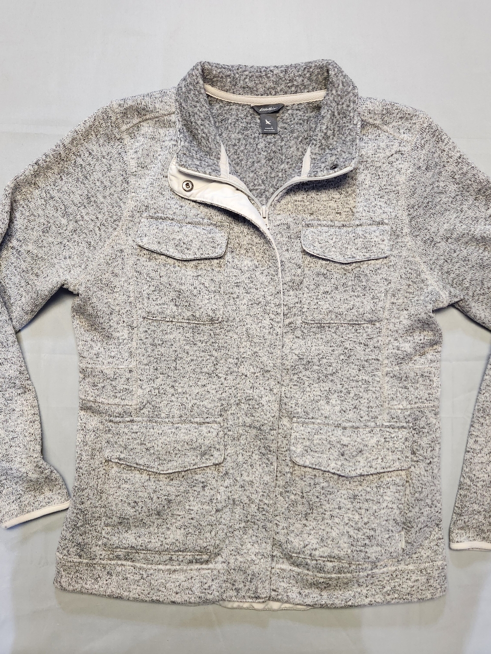 Womens Eddie Bauer Large Gray Heathered Collared Full Zip Snap Fleece Jacket